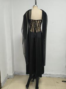 <span class=keywords><strong>Robe</strong></span> Bettergirl 2026 Ramadan en <span class=keywords><strong>dentelle</strong></span> noire transparente, sans bretelles, avec un châle en maille traînant - Product Image 6