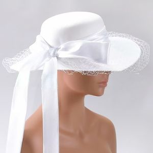 Nouveau chapeau de soleil tendance pour femmes Kentucky Derby à large bord chapeau de fête de mariage d'église en satin avec voile en maille et gros nœud papillon - Product Image 3