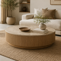 Table basse en marbre naturel, style campagnard américain, avec plateau rond, structure en bois massif noyer, meuble central pour salon de villa