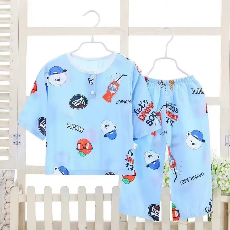 Toptan yaz çocuk pamuk pijama 2 adet Set özel tam baskı erkek kız pijama kıyafeti çocuklar kısa kollu pijama seti