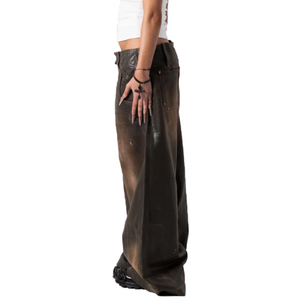 Pantalones vaqueros anchos de cintura baja para mujer con logo personalizado al por mayor, acabado brillante marrón degradado vintage, pantalones holgados con revestimiento de cera - Product Image 5