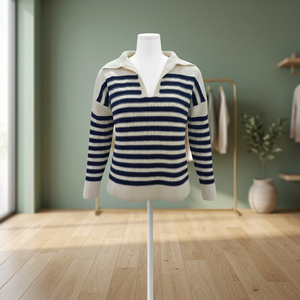 Pull en tricot rayé pour femme, col en V, manches longues, coupe ample, automne hiver - Product Image 1