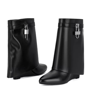 Botines de Moda Para Mujer Estilo Slip-On con Doblez y <span class=keywords><strong>Plataforma</strong></span> Dentada Tacón de Cuña Punta Almendrada Anchos a Media Pantorrilla con Candado - Product Image 2