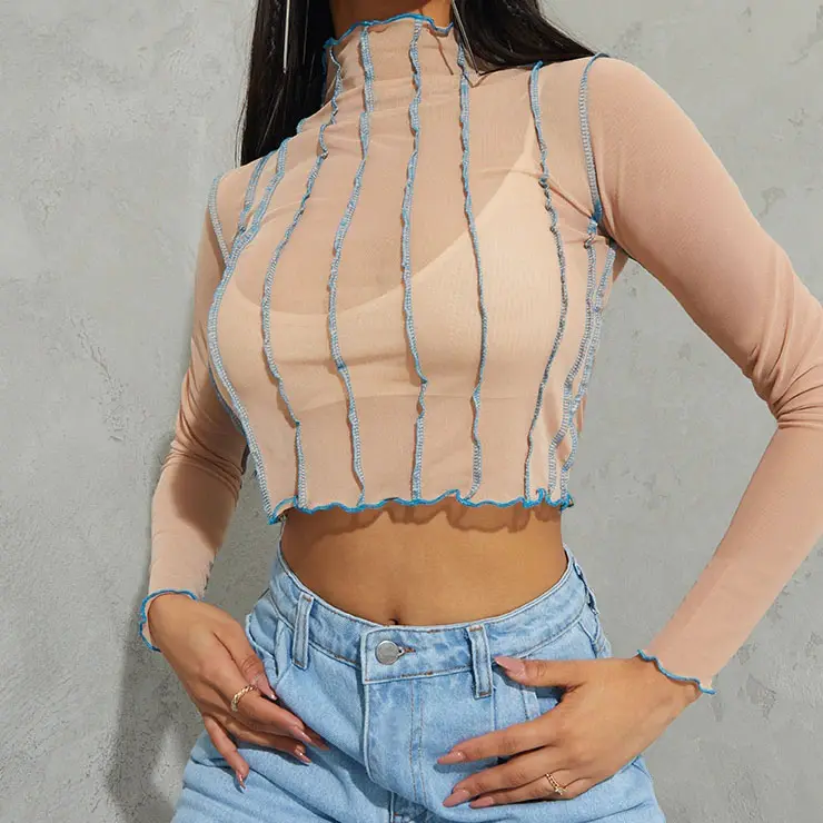 Women Crop Top New Design Custom High Quality Summer Clothing Long Sleeve See Through Sexy Mesh Tops For Women