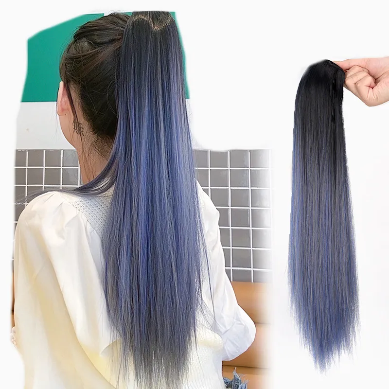Intagram Highlighted Bubble Foggy Blue Ponytail Girls Natural Highlighted Twist Long Braid Lantern High Ponytail Hair Extension