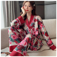 Ensemble de pyjamas pour femmes printemps-automne 2024, taille élastique, imprimé floral tricoté, vêtements de nuit élégants et luxueux, style homewear