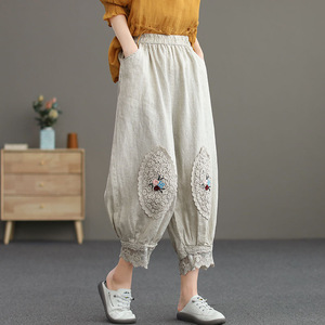 Harem Pants Cotton Linen Cropped With Lace Embroidery Floral Applique Women's Casual Pants Mid Waist Breathable Summer Style - Product Image 4