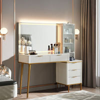 Meja Rias Modern Putih dengan Cermin Berlampu, 5 Laci, Rak, Permukaan Kaca, Meja Rias Modern Besar untuk Kamar Tidur, Panel Kayu