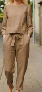 Của phụ nữ cộng với kích thước quần áo giản dị thiết lập Cotton Linen Cổ Tròn T-Shirt cao eo dây rút quần ống rộng lỏng phù hợp với phạm vi rộng - Product Image 5