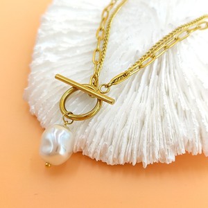 Collar de Perlas Barrocas Chapado <span class=keywords><strong>en</strong></span> <span class=keywords><strong>Oro</strong></span> de 18K, <span class=keywords><strong>Cadena</strong></span> <span class=keywords><strong>Cubana</strong></span> de Doble Capa de Acero Inoxidable con Cierre de Hebilla, Joyería de Moda - Product Image 2