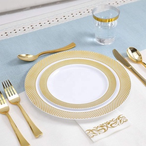 Piatto da Cena in Plastica Dorata a Griglia Monouso, Vassoio per Feste, Piatto Moderno Minimalista Stile Occidentale, Bicchiere da <span class=keywords><strong>Vino</strong></span>, Coltello e Forchetta - Product Image 4