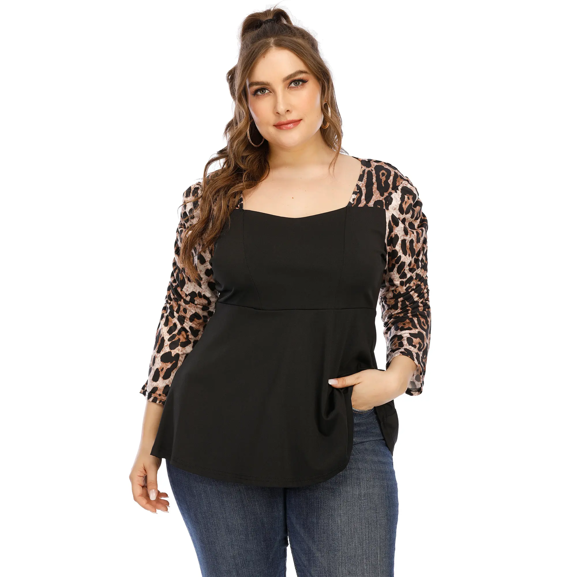 Maglietta personalizzata con stampa leopardata oversize 3/4 camicetta a tunica con maniche a bolle top donna