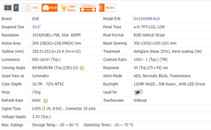 Boe DV150X0M-N16 15 "<span class=keywords><strong>LCD</strong></span> công nghiệp Module - 600nits XGA TFT-LCM với 120Hz memc & -20 ~ 70 ° C rộng Temp cho HMI/máy tầm nhìn - Product Image 3