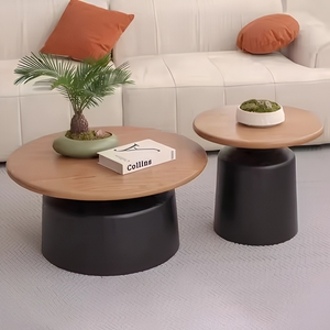 Modern Minimalist <b>Coffee</b> <b>Table</b> <b>Set</b> with Wood Top, Black or White Cylinder Base for Living Room Apartment Hotel - Product Image 2