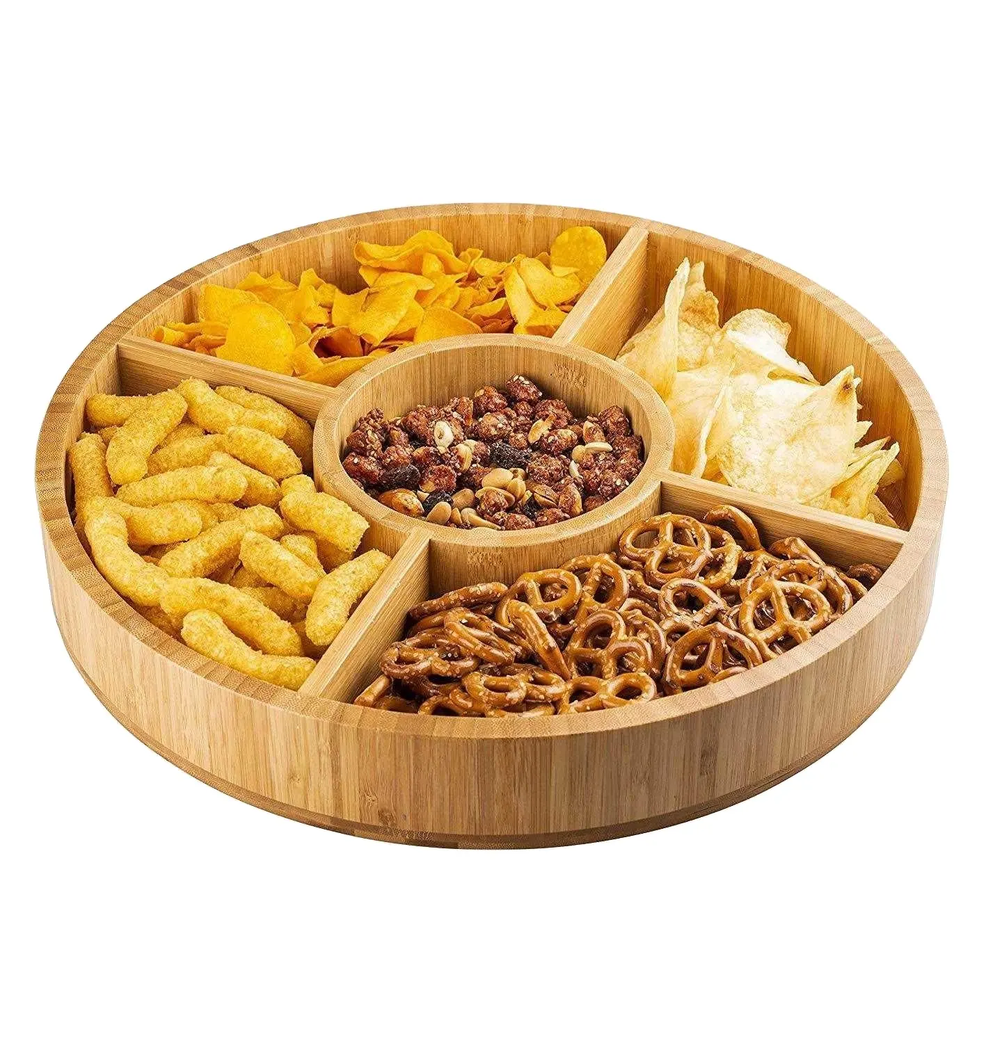 Lazy susan rotating wooden bamboo wood taco servers round appetizer snack platter serving tray with divider section