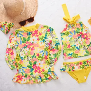 Bañador de manga larga para niñas, traje de baño de una pieza con patrón Floral, para vacaciones, fabricante de China, venta al por mayor