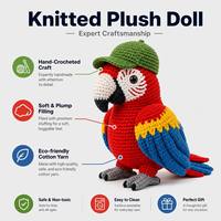 Peluche promotionnelle tricotée en forme de perroquet rouge, adorable jouet en peluche tricoté de perroquet rouge, poupée personnalisée en peluche tricotée de perroquet rouge