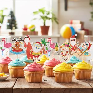 Décorations de fête de Noël tropicales - Décorations de gâteaux et toppers pour cupcakes de Noël tropicaux, fournitures de fête pour cupcakes avec Père Noël estival <span class=keywords><strong>en</strong></span> <span class=keywords><strong>juillet</strong></span> - Product Image 5