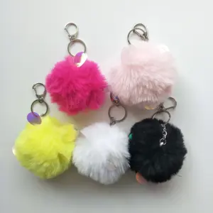 핫 세일 재고 토끼 귀 키 체인 Pompom 솜털 열쇠 고리 가방 매력 여성 키즈 선물 플러시 모피 키 체인