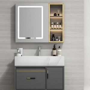 Meuble-lavabo moderne en céramique grise avec armoire miroir intelligente en bois massif - Product Image 1