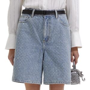 Shorts en jean décontractés pour femmes, style vintage, délavage clair, streetwear, coupe droite ample, avec strass, vente en gros - Product Image 1