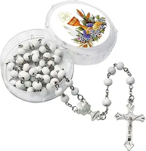 12 pièces faveurs de chapelet de première Communion en bois dans un récipient avec sac cadeau collier de chapelet catholique béni