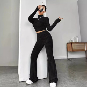 Women's <b>Sweater</b> <b>Set</b> Long Sleeve Crop Top And Wide Leg Pants Solid Color Casual Suit For Autumn Winter Smlxl - Product Image 2