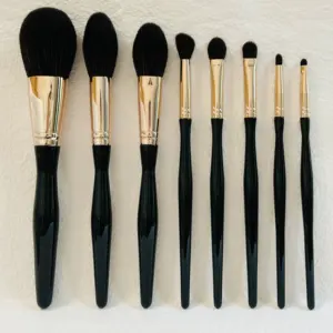 8 buah set kuas makeup profesional hitam Ferrule emas mawar dengan LOGO kustom untuk kit alat kosmetik mata blush Bedak Wajah Kecantikan