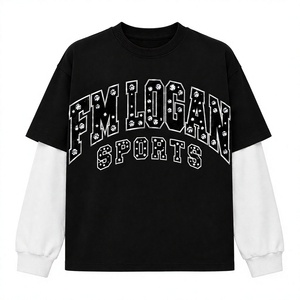<b>Men's</b> Black Oversized 100% Cotton Terry Fabric Quick Dry Anti-Wrinkle Letter Print O-Neck T-<b>Shirt</b> Rhinestone <b>White</b> <b>Long</b> <b>Sleeves</b> - Product Image 1