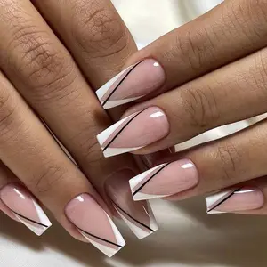 Beauty medium long ballerina glossy lines french nails art tips design artificial fingernails glossy pink custom press on nails