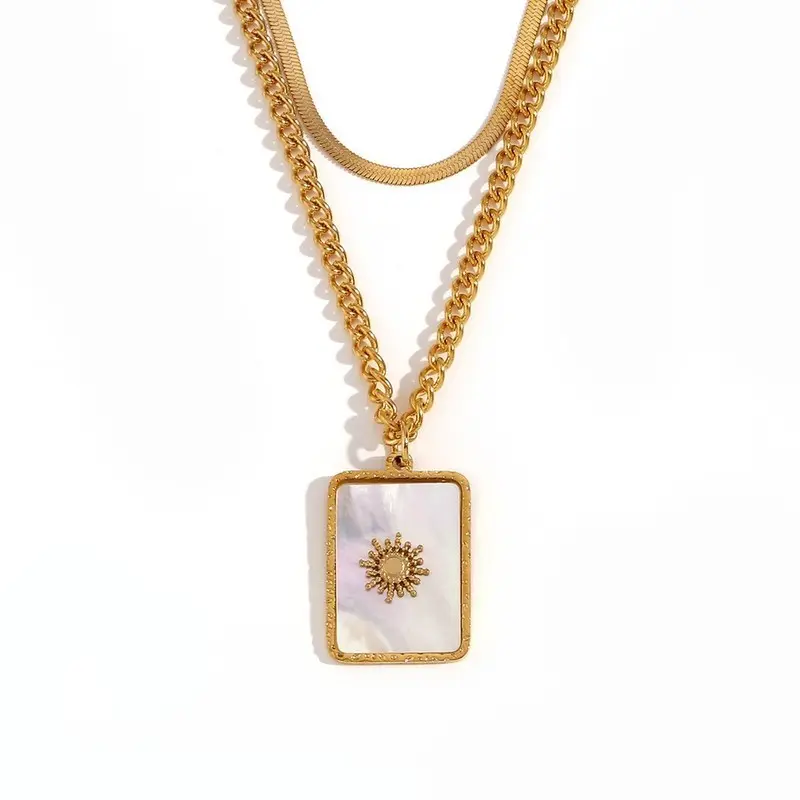 High Quality 18K Gold Double Mother of Pearl Sun Chain Square Shell Sun Luna Pendant Necklace