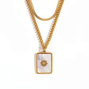High Quality 18K Gold Double Mother Of Pearl Sun Chain Square Shell Sun Luna Pendant Necklace