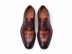 Chaussures Oxford marron pour hommes en cuir véritable gaufré croco, à lacets, habillées, classiques, style Brogue, doublure en peau de porc, semelle en caoutchouc durable - Product Image 6