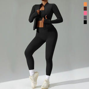 Ensemble de yoga pour femmes, haut à manches longues avec fermeture éclair, leggings taille haute, couleur unie, spandex, vêtements de fitness, XS à 3XL - Product Image 4