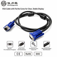 Kabel VGA 15 Pin PVC Berkualitas Tinggi, Harga Pabrik Murah, Warna Biru, Panjang 1.5m, Kecepatan Tinggi, Dilengkapi Ferrite, Tipe Male-Male, untuk HDTV, Proyektor, Komputer