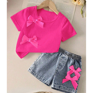 Cina fabbrica Custom OEM/ODM rosa manica corta con Shorts <span class=keywords><strong>blu</strong></span> Denim stile Casual per gruppi di età 4-7 anni - Product Image 1