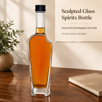 Bouteille de liqueur en verre sculpté asymétrique Solent avec bouchon en métal noir pour l'emballage des spiritueux, vente en gros