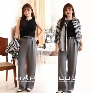 Ensemble trois pièces pour femmes Runqi, veste noire, pantalon gris, chemise rayée, tissu crêpe, tenue de bureau décontractée - Product Image 4