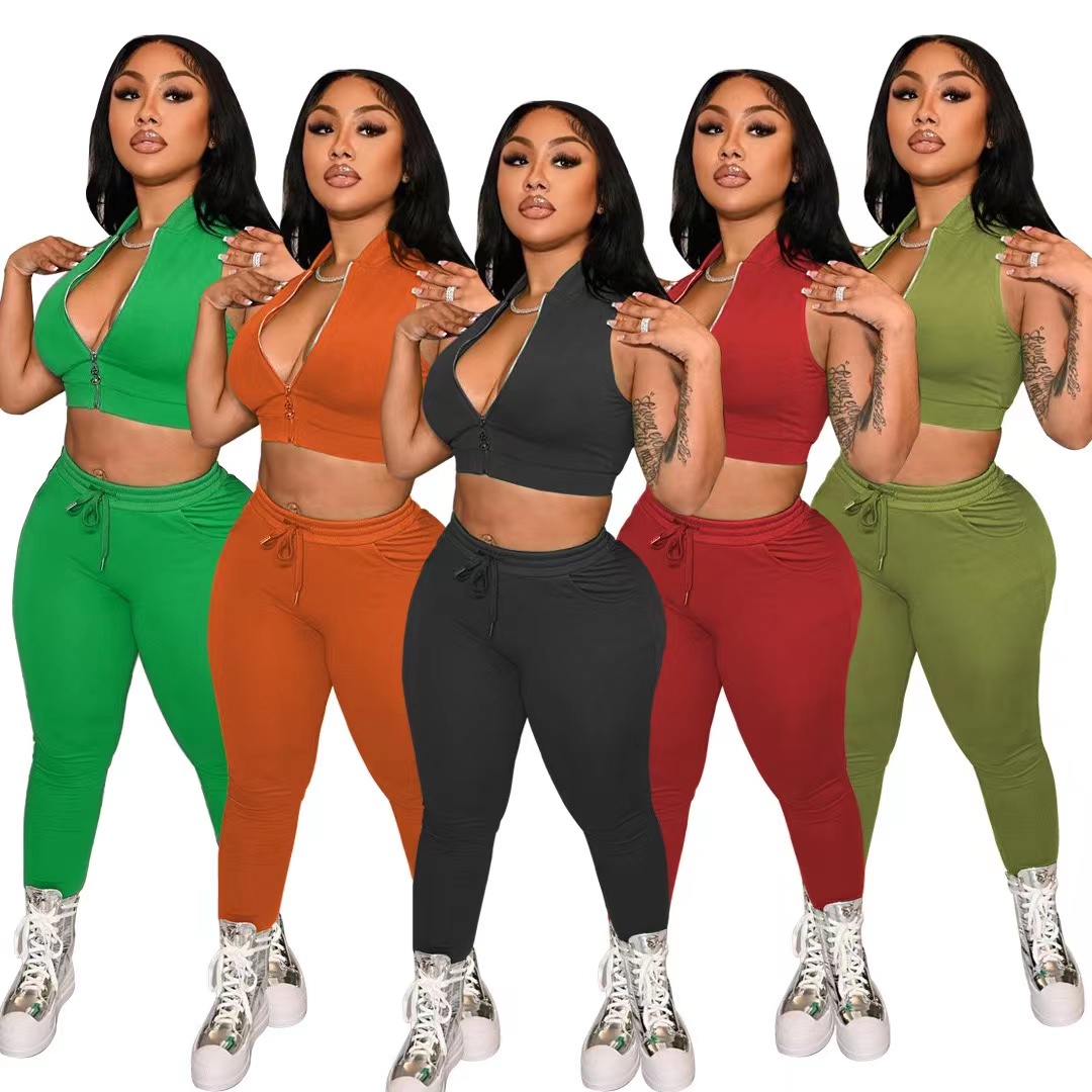 2022 New Arrival Solid Color Casual Tracksuit Zippers sleeveless vest long Pant Two Piece Set Suit spring sweatsuits for women
