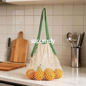 Sacs réutilisables en filet de coton de qualité supérieure avec logo personnalisé, poignées longues, pour courses, fruits et légumes - Product Image 5