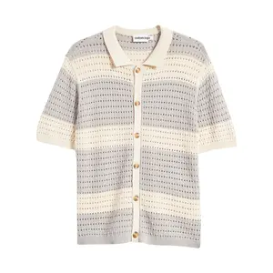 Custom 12gg 14gg loose button mesh hollow out crochet jacquard sweater short sleeve polo knit crochet shirt men