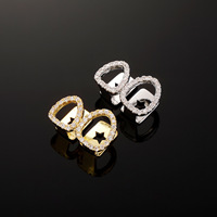 Grillz dentaire double en laiton, entièrement serti de zircone cubique 5A, en forme de goutte d'eau, pour les dents supérieures, bijoux Hip Hop pour Fêtes et Halloween