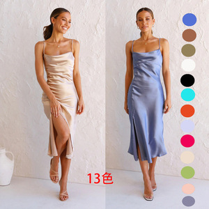 Robes de soirée de mariage tendance à bas prix pour femmes, 13 couleurs, <span class=keywords><strong>robe</strong></span> <span class=keywords><strong>longue</strong></span> en satin sexy avec fente - Product Image 2