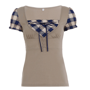 เสื้อยืดแขนสั้นลายสก๊อตผู้หญิง แต่งผ้าแบบ Patchwork สีสันตัดกัน ทรงเข้ารูป สไตล์ Y2K ลำลอง สตรีทแวร์ - Product Image 6