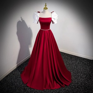 Red Off The Shoulder Evening Gown Empire Waist Claret Contrast Color Puff Sleeve Wedding Dress - Product Image 4