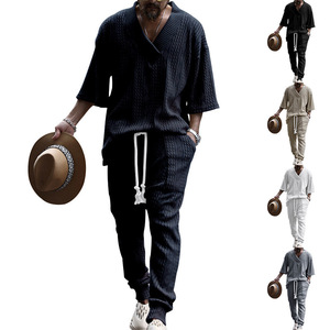 <span class=keywords><strong>Costume</strong></span> pour <span class=keywords><strong>homme</strong></span>, nouveau printemps, style européen et américain, décontracté, ample, manches sept-huitièmes, tricot jacquard, fermeture éclair, perles, haut et <span class=keywords><strong>pantalon</strong></span> long - Product Image 3