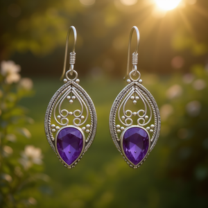 Orecchini Pendenti in Argento Tibetano con Gemma Viola Taglio a Goccia, Montatura a Castone, Orecchini Pendenti da Donna alla Moda, Gioielli per Feste - Product Image 2