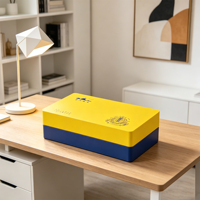 Boîte cadeau en bois rectangulaire artisanale recyclable, laquée jaune et bleue brillante, avec gravure laser