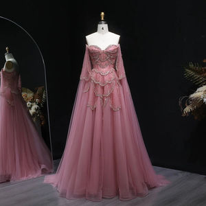 Vestido de Festa Luxuoso Rosa com Decote Ombro a Ombro e Mangas de Capa com Aplicações de Tule Jancember LSZ215 - Product Image 1