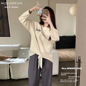 เสื้อแขนยาวผ้าคอตตอนเนื้อนุ่มพิเศษสำหรับผู้หญิงใส่นอนกลางคืนเอวยางยืดระบายอากาศได้ดีใส่ได้ทุกฤดู - Product Image 4